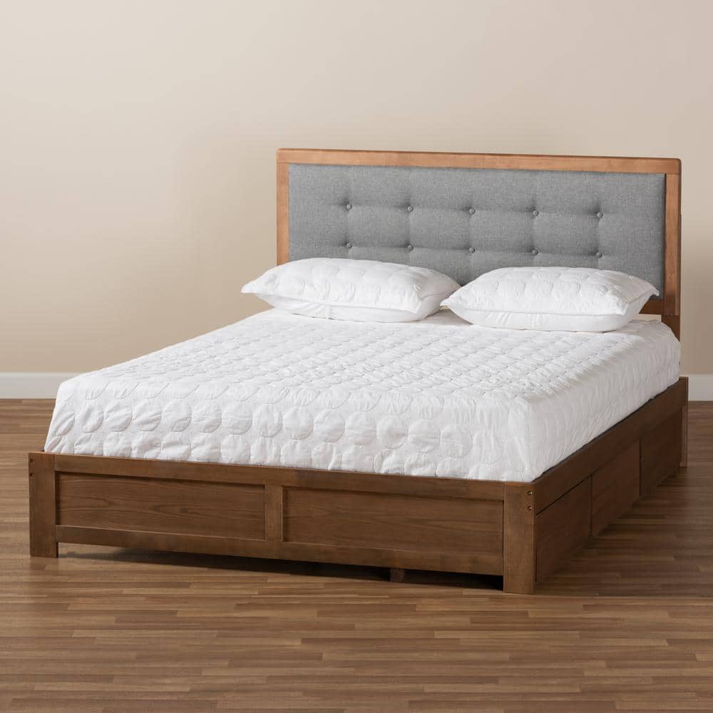 Ash Walnut King Upholstered Storage Bed with Tufted Headboard