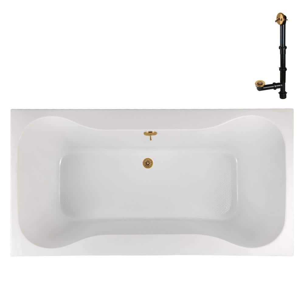 72'' Glossy White Acrylic Soaking Drop-In Bathtub with Brushed Gold Hardware