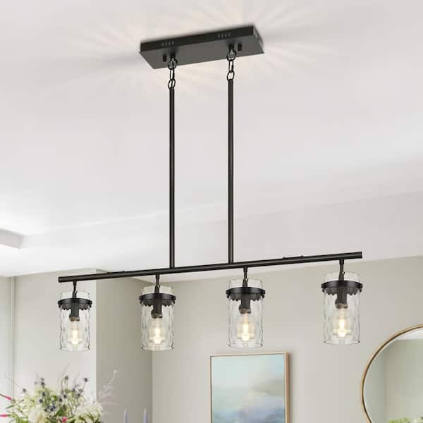 Kinlea 4-Light Black Modern Cylinder Chandelier with Clear Hammered Glass Shades for Kitchen Island, Bedroom