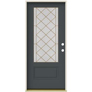 36 in. x 80 in. Left-Hand 3/4 Lite Sardis Decorative Glass Marine Painted Fiberglass Prehung Front Door with Brickmould