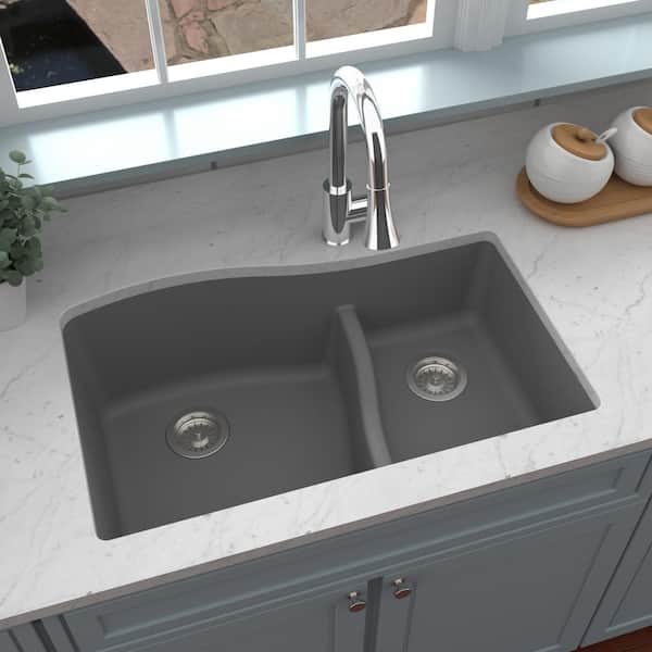 Karran Undermount Quartz Composite 32 in. 60/40 Double Bowl Kitchen Sink in Grey