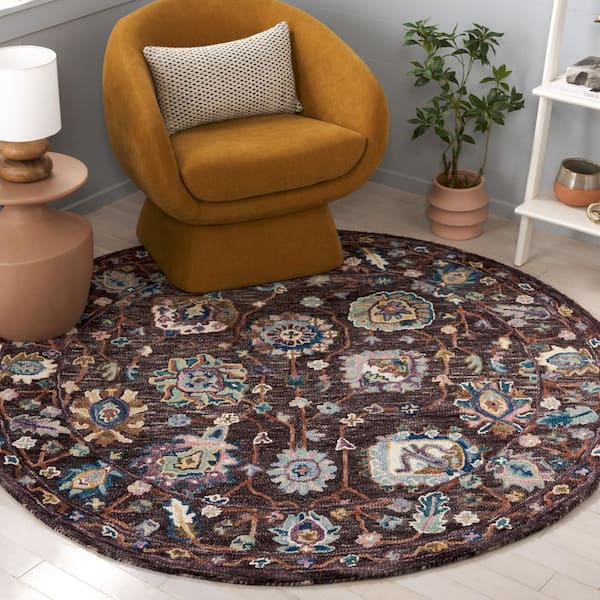 Blossom 6 ft. x 6 ft. Charcoal/Lavender Border Aztec Round Area Rug