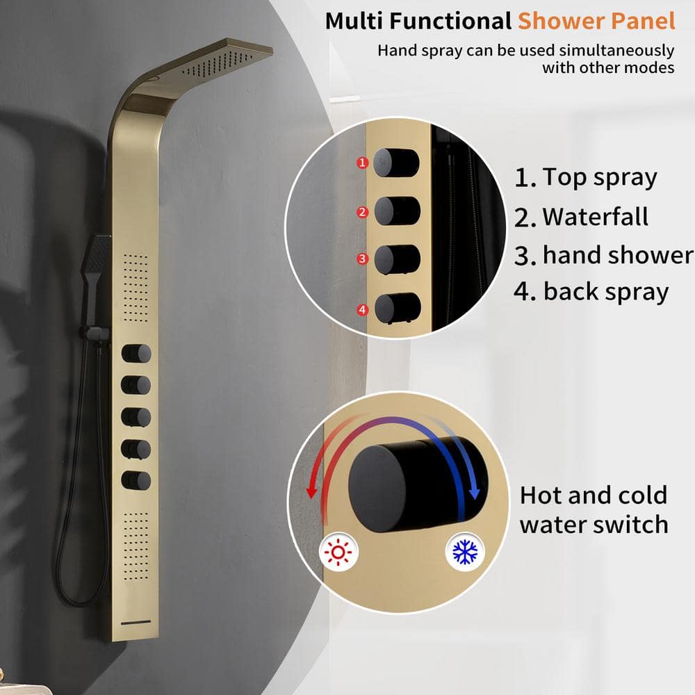 Black and Gold 60'' Modern Brass Shower Panel System with Rainfall Shower Head