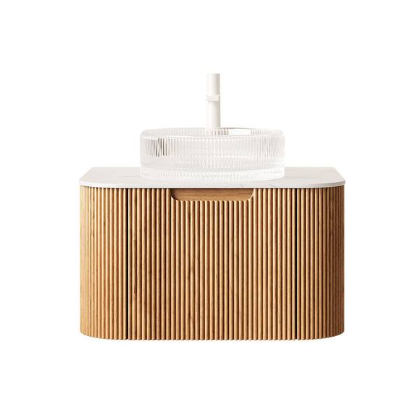 24 in. Wall-Mounted Natural Wood Bath Vanity with White Engineered Marble Top Pre-Assembled