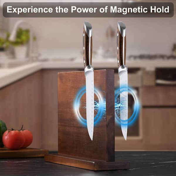 10-Knife 12 in. Wood Magnetic Knife Block Countertop Knife Storage Double-Sided Holder with Non-Slip Base