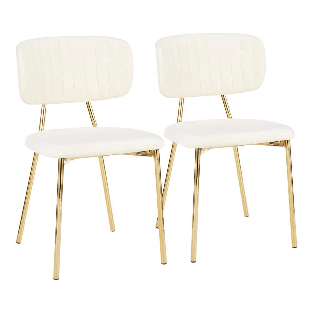 Set of 2 Cream Velvet Upholstered Side Chairs with Gold Metal Legs