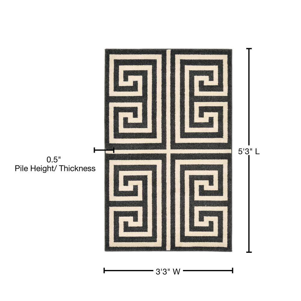Black and Beige Geometric Rectangular Synthetic Area Rug
