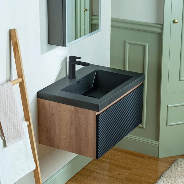 TN 29.5 in. W x 19.63 in. D Single Sink Floating Bath Vanity in Mature Oak with Matte Black Quartz Top