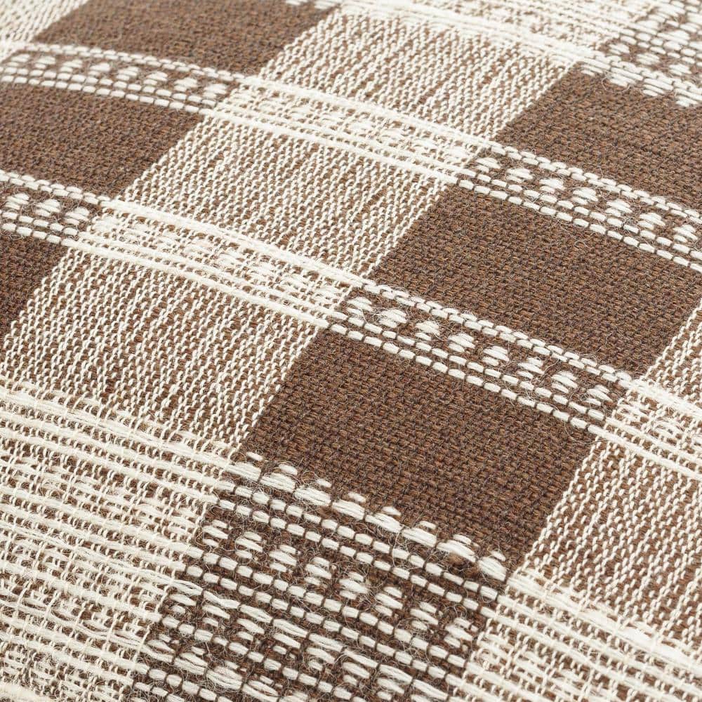 Myrna 20" Dark Brown and Ivory Wool Blend Plaid Pillow