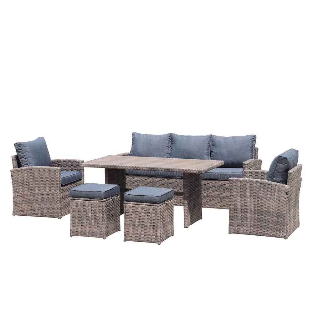 Light Brown 6-Piece PE Wicker Patio Conversation Set with Gray Cushion Outd