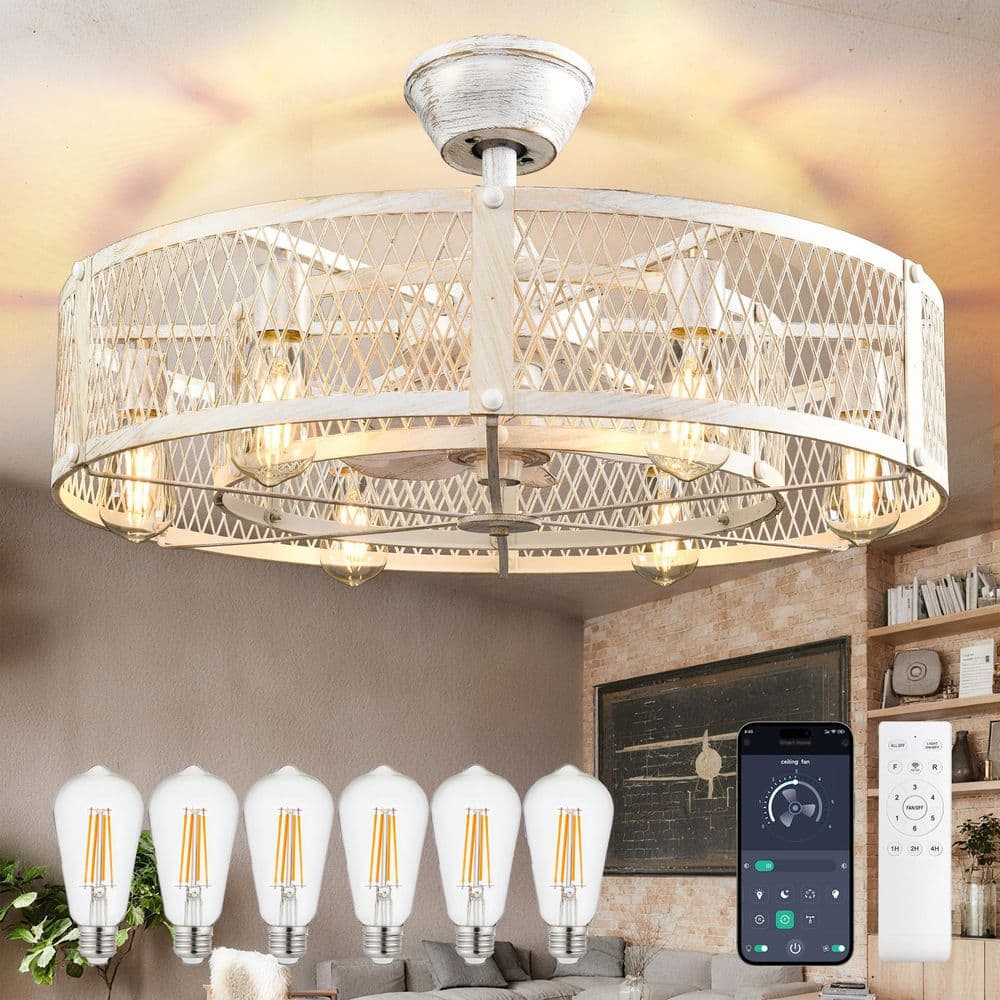 26 in. White Downrod Mount Modern Caged Ceiling Fan with Light for Kitchen Bedroom Farmhouse Included APP Remote price history on PriceWatchPro