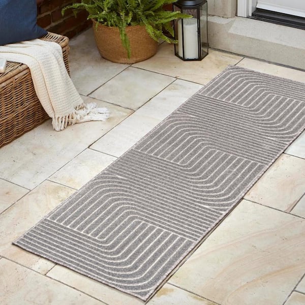 JONATHAN Y Odense High-Low Minimalist Angle Geometric Gray/Ivory 2 ft. x 8 ft. Indoor/Outdoor Runner Rug
