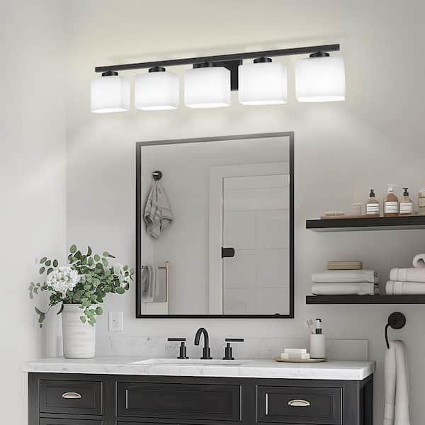 40 in. 5 Light Matte Black Vanity Light with White Glass Shades for Bathroom Vanity Powder Room or Dressing Room