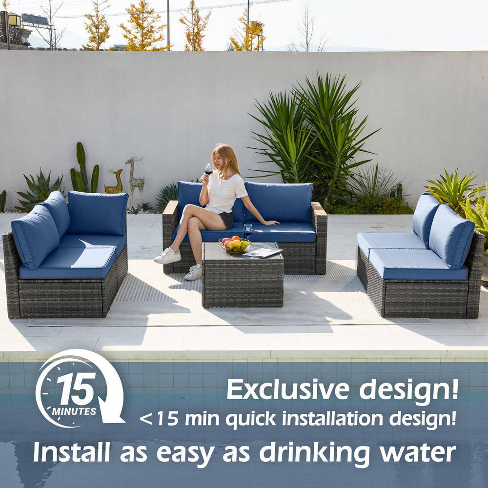 Navy Blue Cushioned 7-Piece Wicker Outdoor Sectional Sofa Set