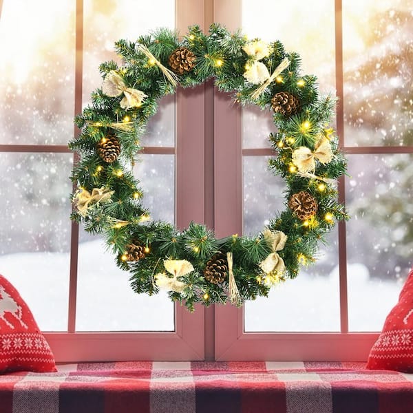 Costway 30  Pre-lit Artificial Christmas Wreath w/Dry Straw Bow & Pine  Cones CM23617 - The Home Depot