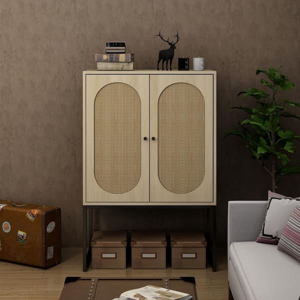 Angel Sar Rattan Shoe Cabinet with Flip Drawer, Narrow Shoe Storage Cabinet  for Entryway, Living Romm, Bedroom, Apartment, Natural Wood