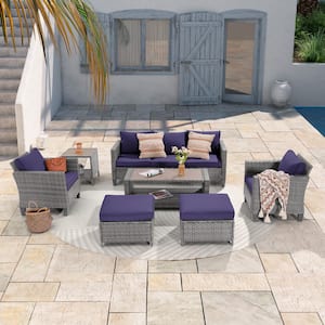7-Piece Gray Wicker Outdoor Conversation Seating Sofa Set with Coffee Table, Navy Blue Cushions