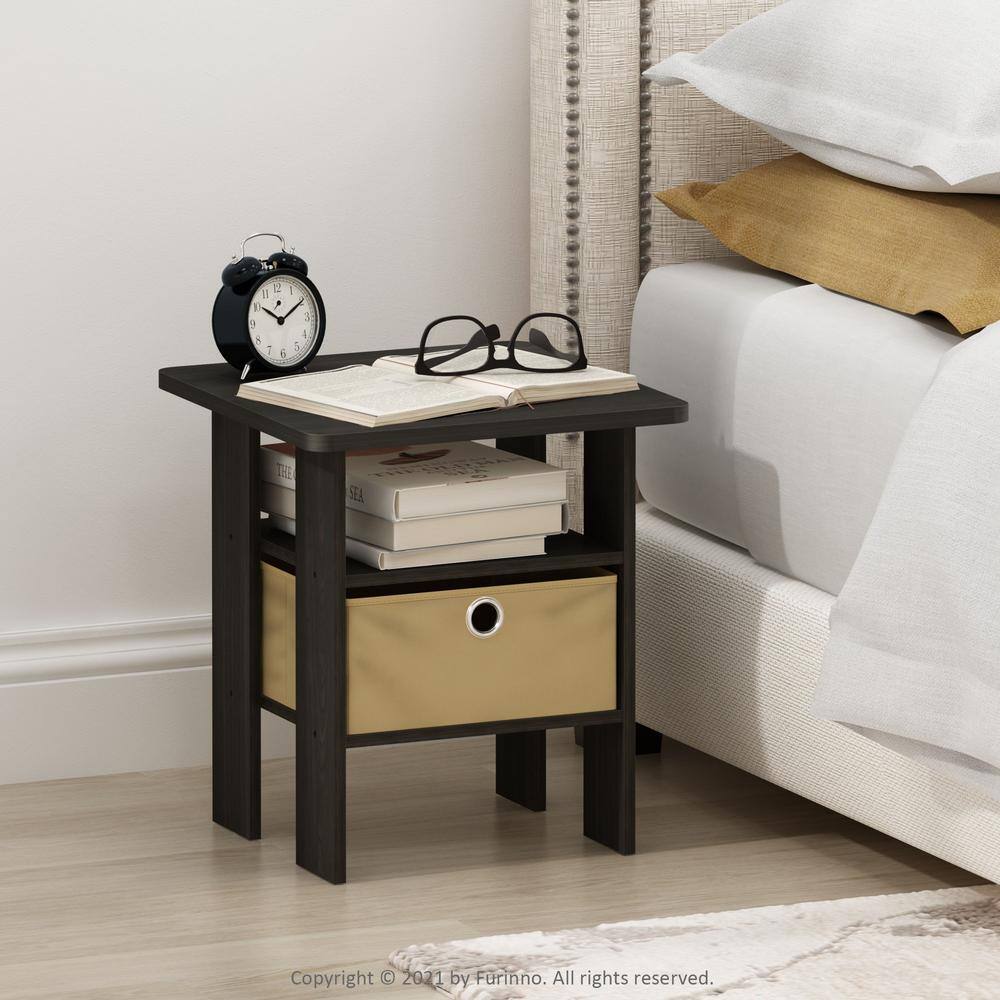 Dark Espresso Wood End Table with Fabric Drawer