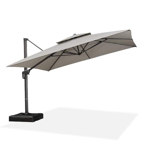 PURPLE LEAF 12 ft. Square 2-Tier Aluminum Cantilever 360° Rotation Patio Umbrella with Base in Ground, Light Gray