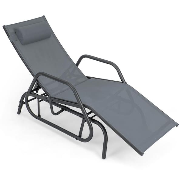 ANGELES HOME 1-Piece Metal Outdoor Chaise Lounge Glider Chair with Armrests and Pillow-Gray, Weight Capacity 350lb.