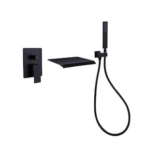 Single-Handle Wall-Mount Roman Tub Faucet with Hand Shower Pressure Balance Waterfall Bath Tub Filler in Matte Black