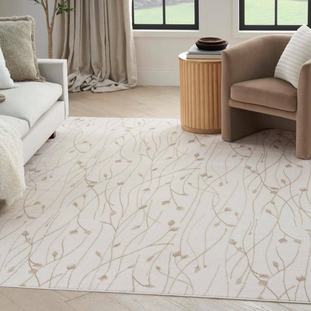 Ivory Beige Floral Synthetic 8' x 10' Area Rug