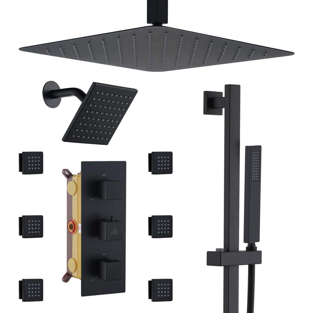 Matte Black 16" Thermostatic Dual Shower System with Handheld and Body Jets