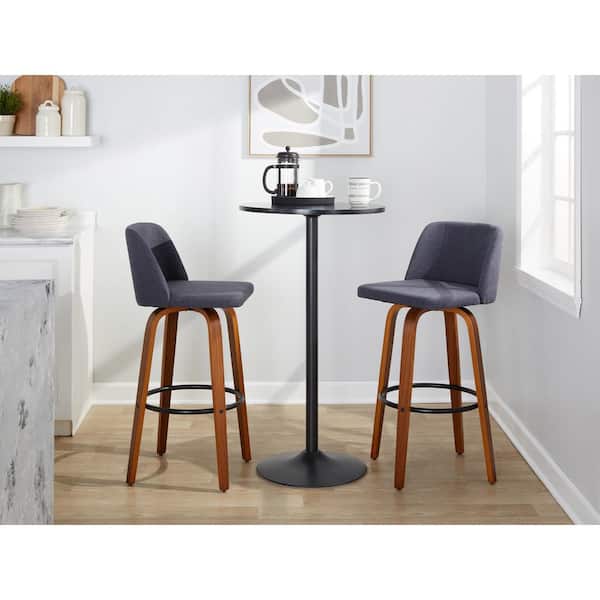 Toriano 29.5 in. Blue Fabric, Walnut Wood, and Black Metal Fixed-Height Bar Stool (Set of 2)