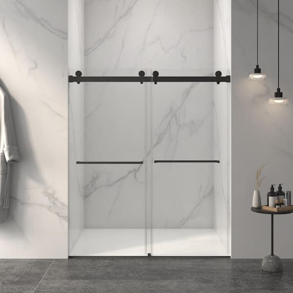 56-60 in. W x 70 in. H Sliding Frameless Shower Door in Matte Black Finish with Clear Tempered Glass