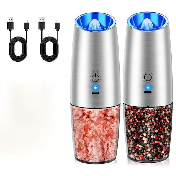 2-Pack Rechargeable Electric Pepper and Salt Grinder Set with Gravity Sensing Switch and LED Light, Silver