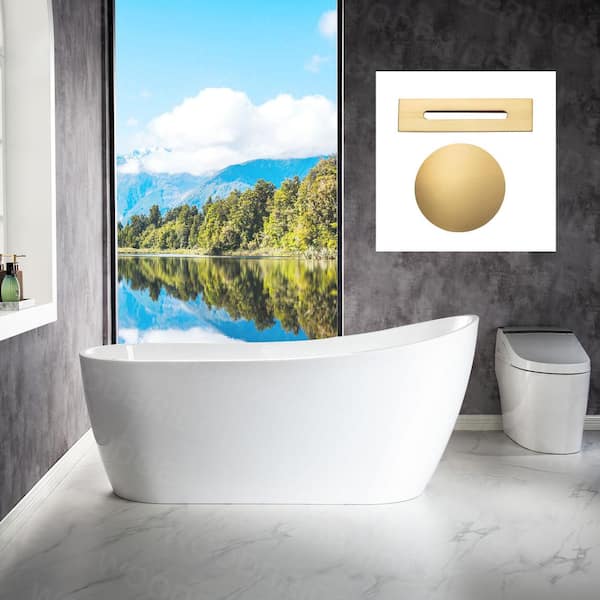 WOODBRIDGE Lleida 67 in. Acrylic Flatbottom Single Slipper Bathtub with Brushed Gold Overflow and Drain Included in White