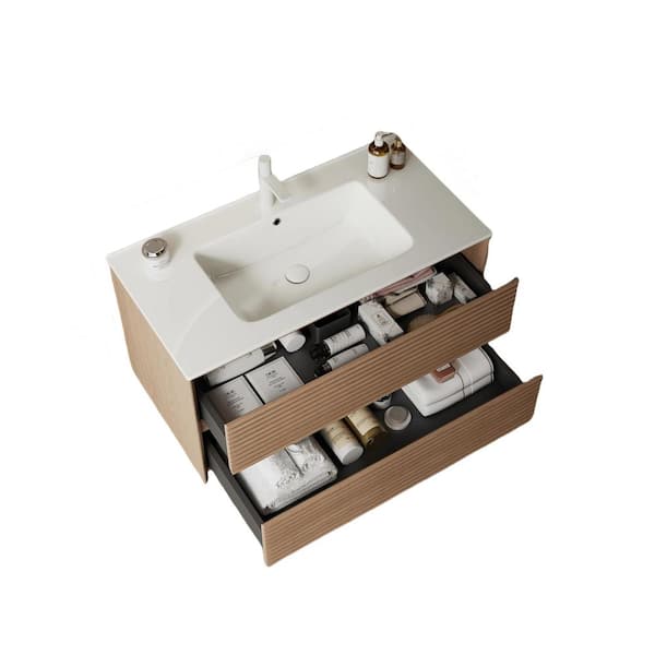 Unbranded 36 in. W x 18 in. D x 21 in. H Wall Floating Plywood Bath Vanity in Brown with White Ceramic Basin and Top, 2 Drawers