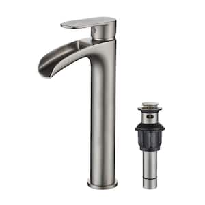 Single Handle Single Hole Bathroom Waterfall Faucet with Metal Pop-Up Drain High Arc Faucets in Brushed Nickel