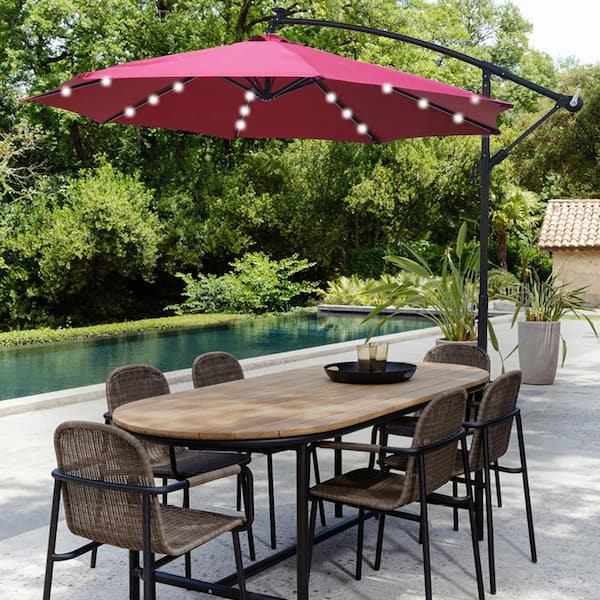 Tunearary 10 ft. Hanging Offset Cantilever Patio Market 8 Ribs Umbrella with Base Stand LED Lighted in Red