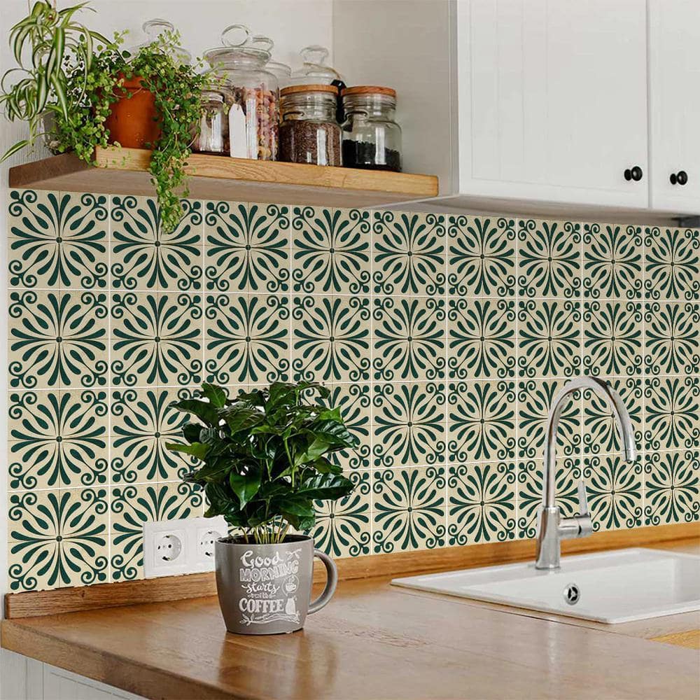 Dark Green and Antique White Vinyl Peel and Stick Tile 8x8
