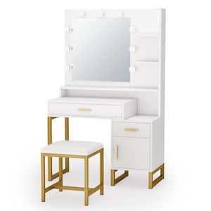 Helotes White Makeup Vanity Set with Lighted Mirror, Stool and Storage 37.8 in. L x 17.7 in. D x 61 in. H