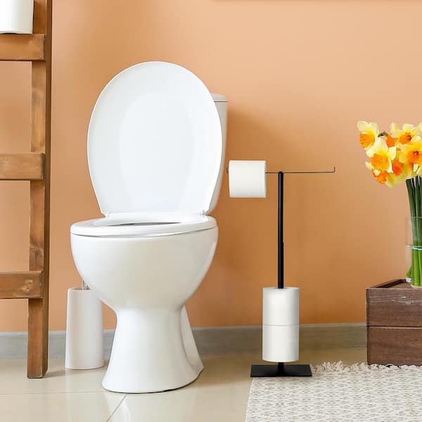 Oumilen Free Standing Toilet Paper Holder with Wood Base, White LT