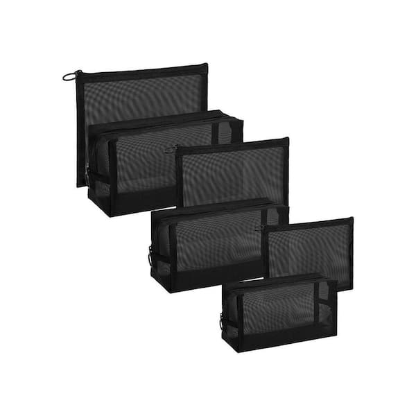 Black Mesh Cosmetic Toiletry Bags Set of 6 with Zipper Closure for Travel, Home, and Office Organization