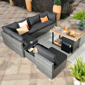 Messi Gray 8-Piece Wicker Outdoor Patio Conversation Sectional Sofa Set with a Storage Fire Pit and Black Cushions