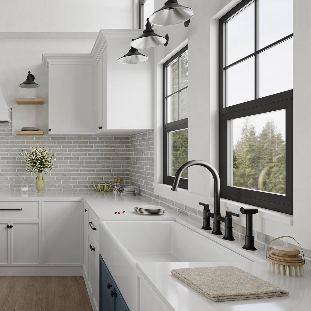 Modern Black Double Handle Bridge Kitchen Faucet with Side Sprayer