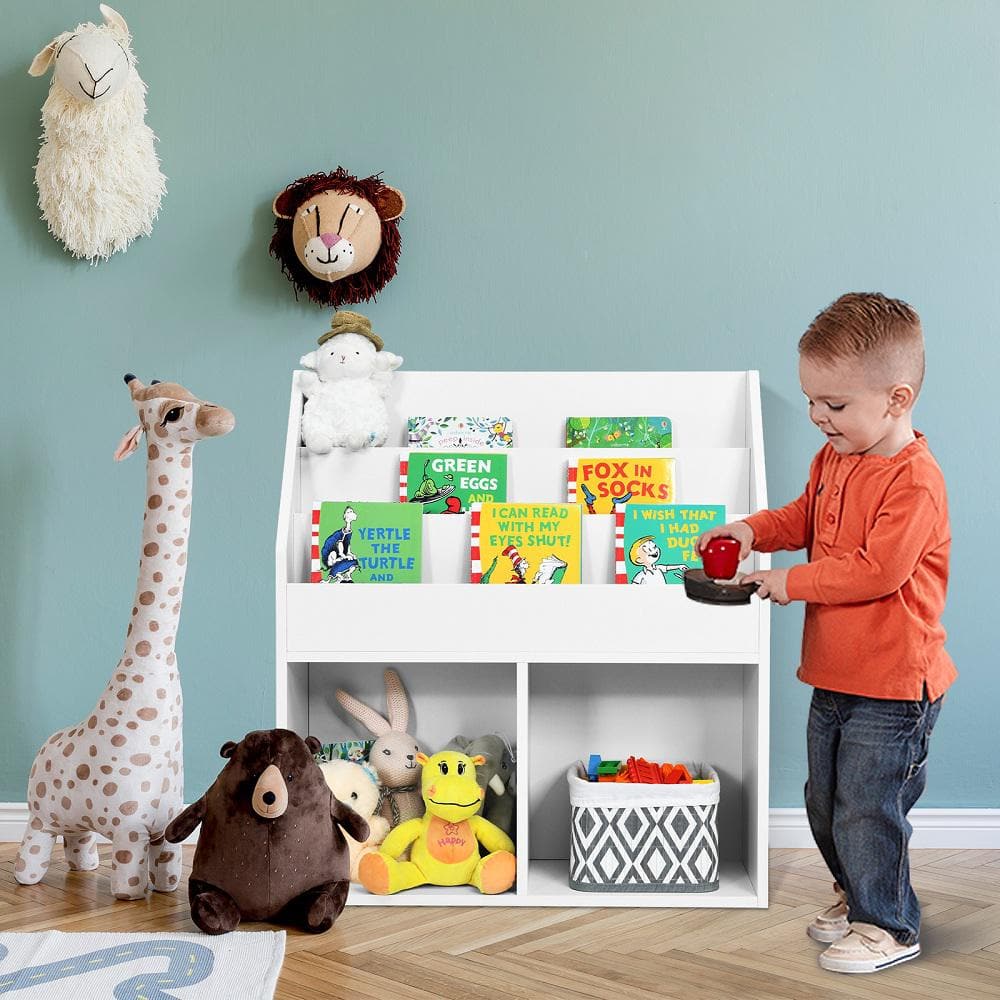 White Wooden Kids Bookshelf with Toy Storage