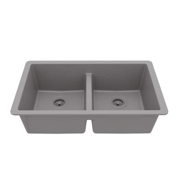 Quartz/Granite Grey 32 in. 50/50 Double Bowl Composite Undermount Kitchen Sink