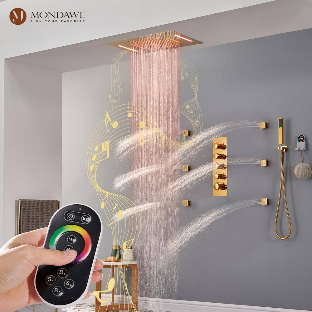 Luxury Gold Ceiling Mounted Dual Shower System with LED and Bluetooth Speaker