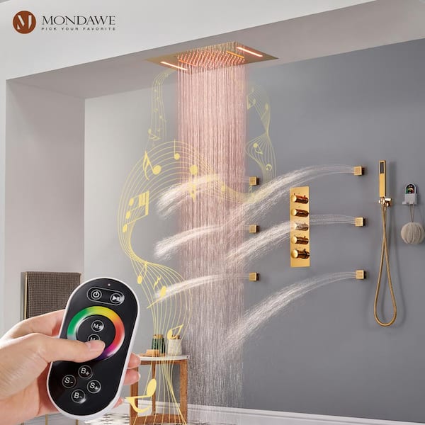 Luxury 4-Spray Patterns 15 x 23 in. Ceiling Mount Rainfall Dual Shower Heads with 6-Jet LED and Music in Gold