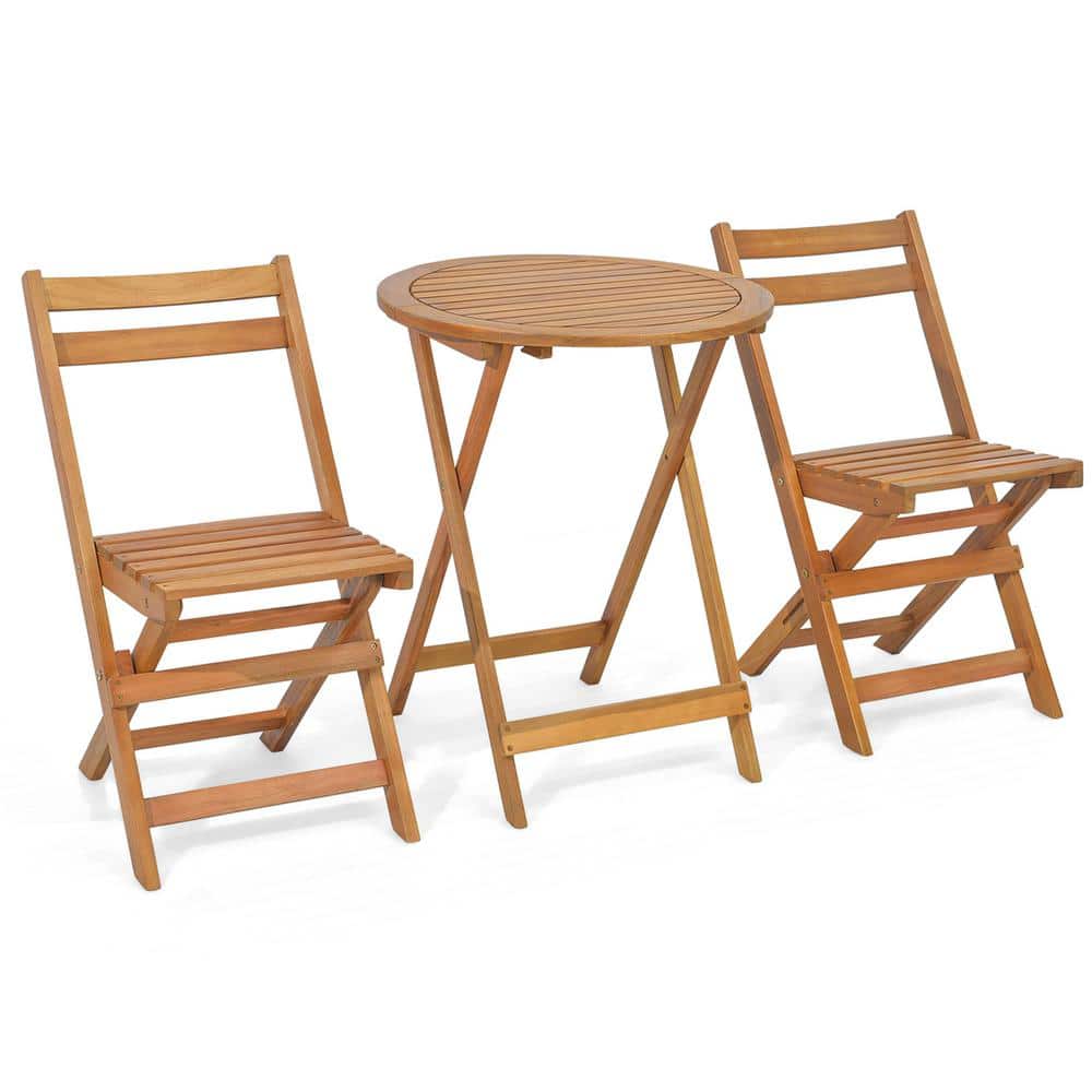 Costway 3Piece Folding Outdoor Bistro Set Solid Acacia Wood Table and Chairs Slatted Tabletop