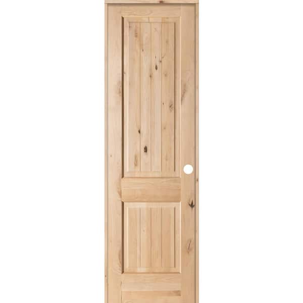 Krosswood Doors 28 in. x 96 in. Knotty Alder 2 Panel Square Top V-Groove Solid Wood Right-Hand Single Prehung Interior Door