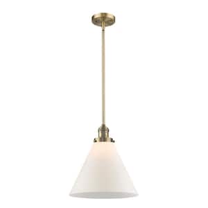 Cone 1-Light Brushed Brass Cone Pendant Light with Matte White Glass Shade