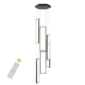 6-Light Black Modern Rectangle Dimmable Integrated LED Pendant Light with Adjustable Height and Remote Control