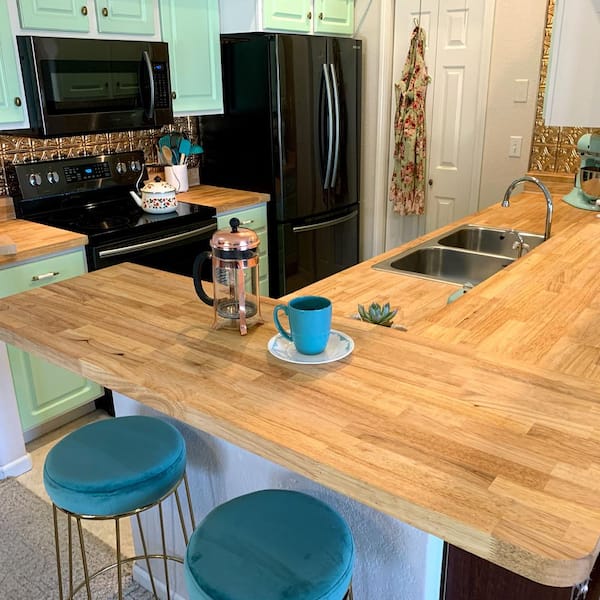 Hampton Bay 6 ft. L x 39 in. D Unfinished Hevea Butcher Block Island Countertop in with Standard Edge, Natural Color Unfinished