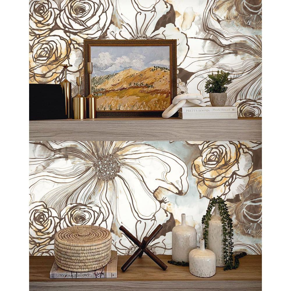 Mocha and Blue Mist Floral Vinyl Peel and Stick Wallpaper